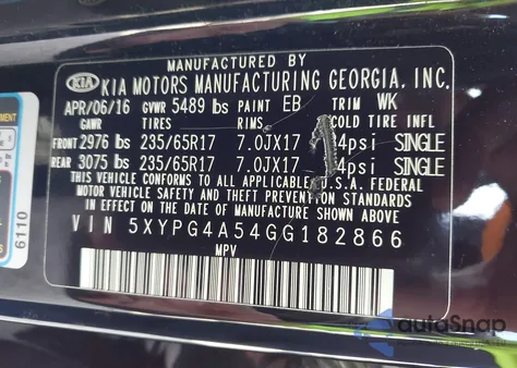 2016 Kia Sorento 3.3L Lx из США, поврежденный, VIN 5XYPG4A54GG182866